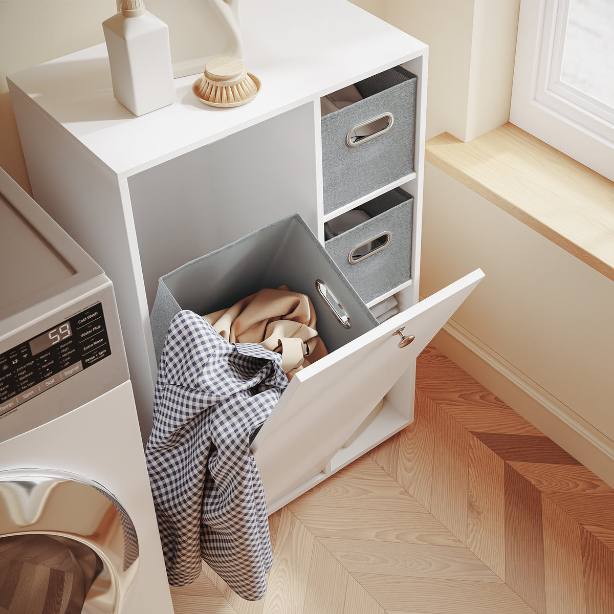SoBuy BZR218-W Meuble Salle de Bain avec Panier à Linge Intégré, Porte Basculante, 2 Paniers en Tissu et 3 Étagères Réglables – Colonne Rangement Blanc, 50 × 30 cm