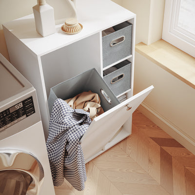 SoBuy BZR218-W Meuble Salle de Bain avec Panier à Linge Intégré, Porte Basculante, 2 Paniers en Tissu et 3 Étagères Réglables – Colonne Rangement Blanc, 50 × 30 cm