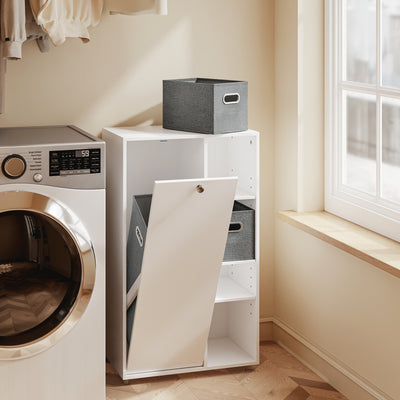 SoBuy BZR218-W Meuble Salle de Bain avec Panier à Linge Intégré, Porte Basculante, 2 Paniers en Tissu et 3 Étagères Réglables – Colonne Rangement Blanc, 50 × 30 cm