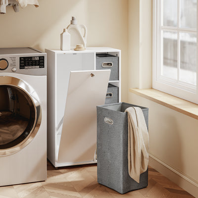SoBuy BZR218-W Meuble Salle de Bain avec Panier à Linge Intégré, Porte Basculante, 2 Paniers en Tissu et 3 Étagères Réglables – Colonne Rangement Blanc, 50 × 30 cm