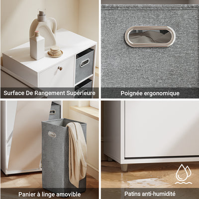 SoBuy BZR218-W Meuble Salle de Bain avec Panier à Linge Intégré, Porte Basculante, 2 Paniers en Tissu et 3 Étagères Réglables – Colonne Rangement Blanc, 50 × 30 cm
