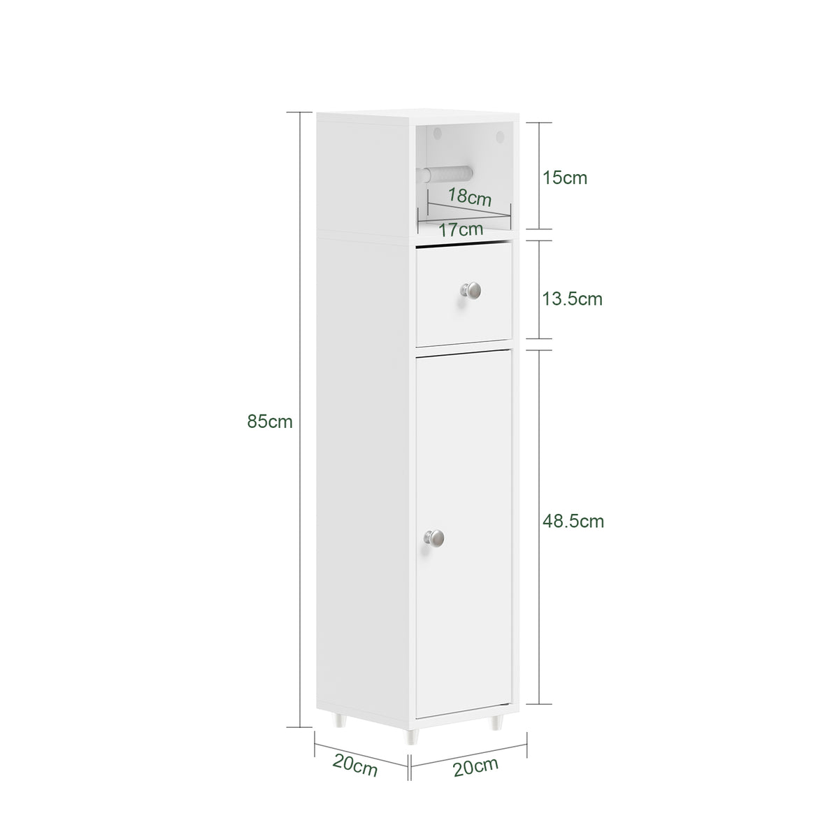 SoBuy BZR219-W Bathroom Cabinet 20 x 20 cm Narrow Toilet Cabinet with Roll Holder and Reversible Door, Compact Toilet Storage with Drawer and Adjustable Shelf