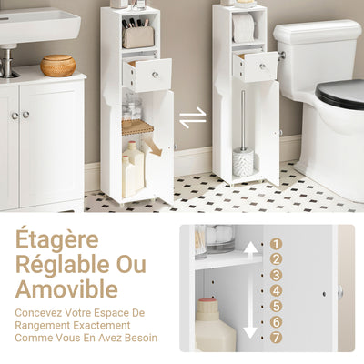 SoBuy BZR219-W Bathroom Cabinet 20 x 20 cm Narrow Toilet Cabinet with Roll Holder and Reversible Door, Compact Toilet Storage with Drawer and Adjustable Shelf