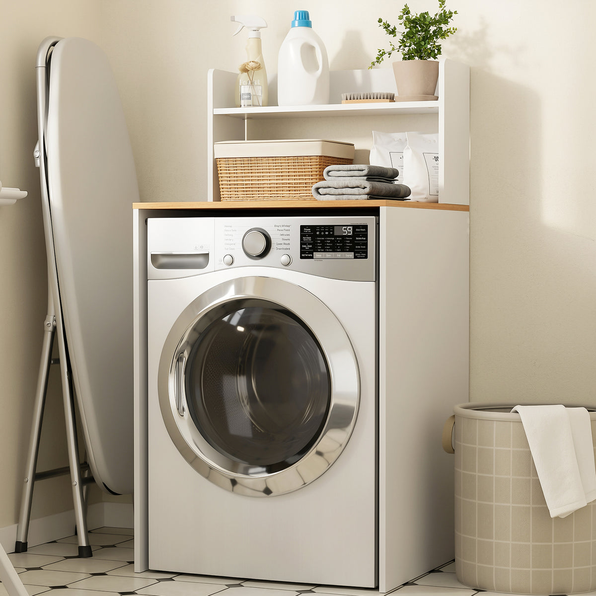 SoBuy BZR224-WN Meuble au-dessus du Lave-Linge 66×60×127 cm – Plan de Travail + Étagère avec Garde-Corps, Sans Panneau Arrière, Blanc et Naturel