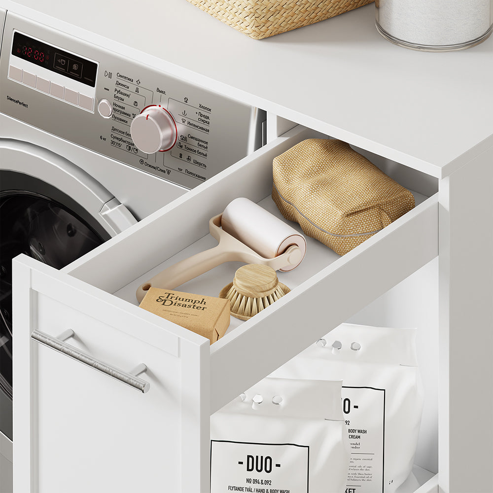 SoBuy BZR229-W Meuble Lave-Linge avec Porte et Tiroir Coulissant – Armoire de Buanderie Encastrable – 90×60×88 cm, Blanc