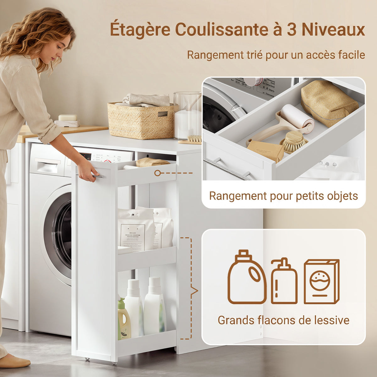 SoBuy BZR229-W Meuble Lave-Linge avec Porte et Tiroir Coulissant – Armoire de Buanderie Encastrable – 90×60×88 cm, Blanc