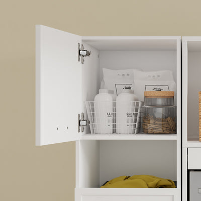 SoBuy BZR232-W Armoire de Rangement 4 Portes pour Buanderie – Compartiments Ouverts et Étagères – 60×40×186,4 cm, Blanc