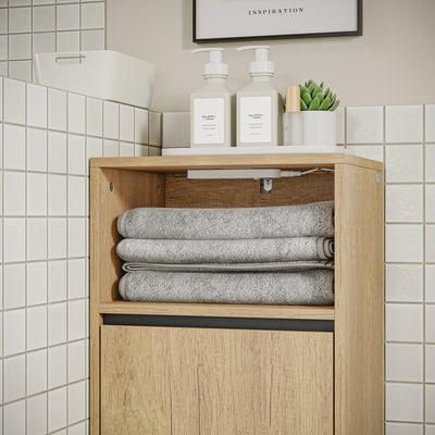 SoBuy BZR236-E-N Meuble de Salle de Bain avec Panier à Linge Basculant – Placard Étroit Gain de Place avec Éclairage LED à Détecteur, Effet Chêne Clair – 40×30×90 cm, Charge 30 kg
