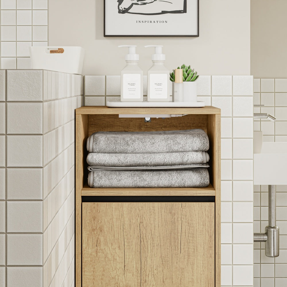 SoBuy BZR236-E-N Meuble de Salle de Bain avec Panier à Linge Basculant – Placard Étroit Gain de Place avec Éclairage LED à Détecteur, Effet Chêne Clair – 40×30×90 cm, Charge 30 kg