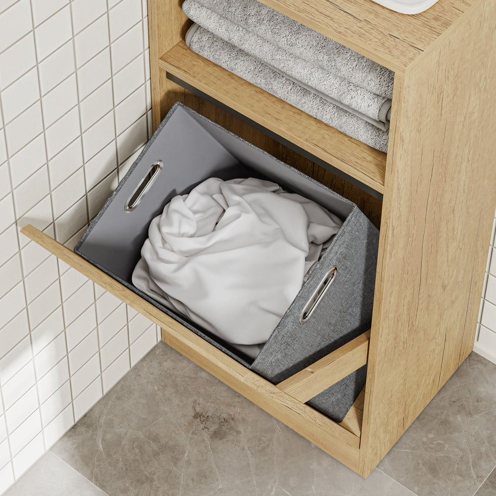 SoBuy BZR236-E-N Meuble de Salle de Bain avec Panier à Linge Basculant – Placard Étroit Gain de Place avec Éclairage LED à Détecteur, Effet Chêne Clair – 40×30×90 cm, Charge 30 kg