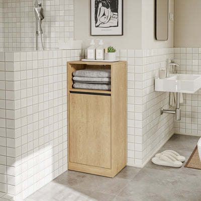 SoBuy BZR236-E-N Meuble de Salle de Bain avec Panier à Linge Basculant – Placard Étroit Gain de Place avec Éclairage LED à Détecteur, Effet Chêne Clair – 40×30×90 cm, Charge 30 kg
