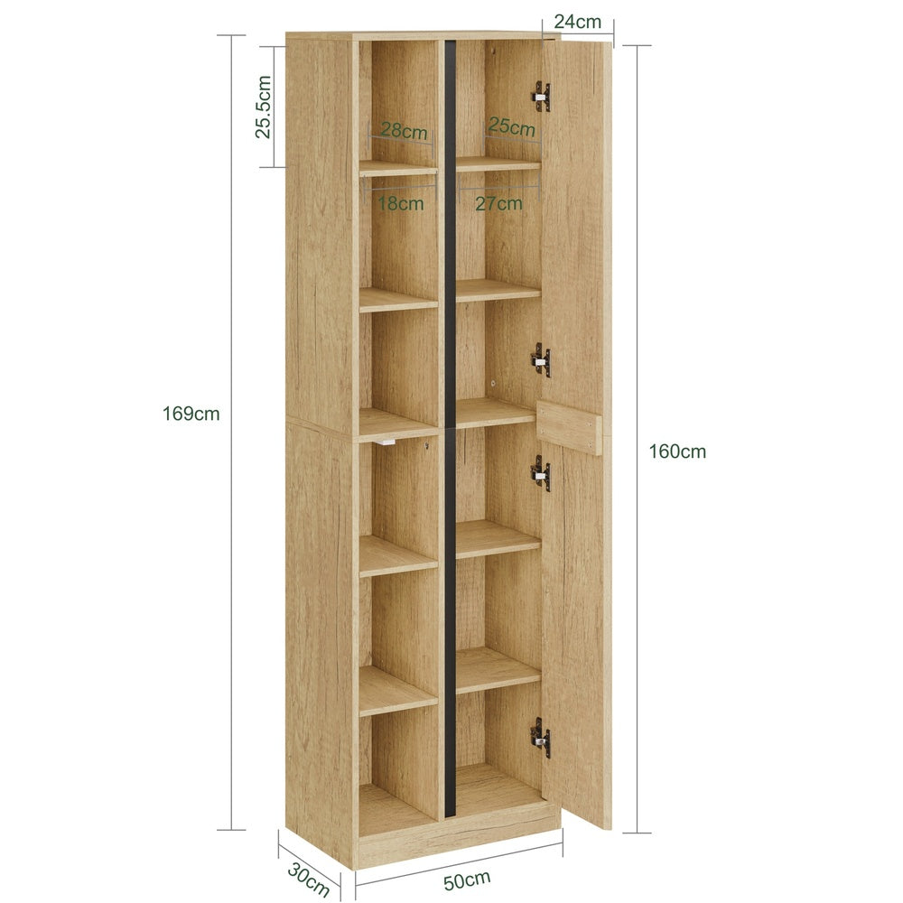 SoBuy BZR237-E-N Colonne de Salle de Bain Étroite avec Éclairage – Armoire Haute Effet Chêne Clair, 10 Étagères, pour Petit Espace – 50×30×180 cm, Charge 120 kg