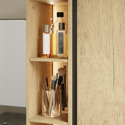 SoBuy BZR237-E-N Colonne de Salle de Bain Étroite avec Éclairage – Armoire Haute Effet Chêne Clair, 10 Étagères, pour Petit Espace – 50×30×180 cm, Charge 120 kg