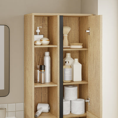 SoBuy BZR237-E-N Colonne de Salle de Bain Étroite avec Éclairage – Armoire Haute Effet Chêne Clair, 10 Étagères, pour Petit Espace – 50×30×180 cm, Charge 120 kg