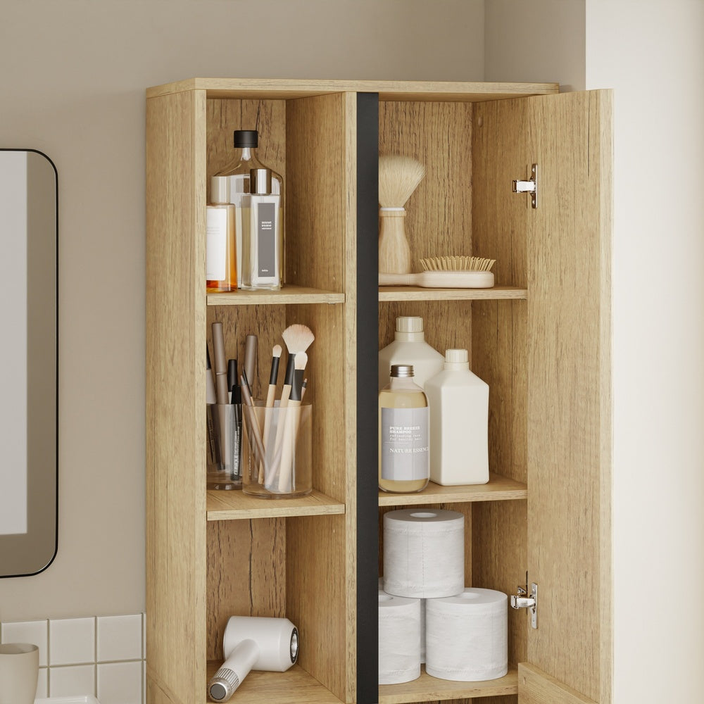 SoBuy BZR237-E-N Colonne de Salle de Bain Étroite avec Éclairage – Armoire Haute Effet Chêne Clair, 10 Étagères, pour Petit Espace – 50×30×180 cm, Charge 120 kg