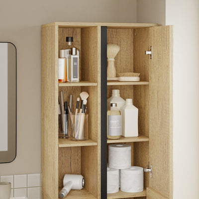 SoBuy BZR237-E-N Colonne de Salle de Bain Étroite avec Éclairage – Armoire Haute Effet Chêne Clair, 10 Étagères, pour Petit Espace – 50×30×180 cm, Charge 120 kg