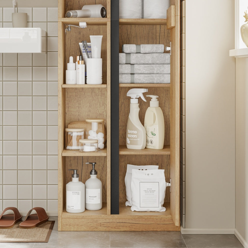 SoBuy BZR237-E-N Colonne de Salle de Bain Étroite avec Éclairage – Armoire Haute Effet Chêne Clair, 10 Étagères, pour Petit Espace – 50×30×180 cm, Charge 120 kg
