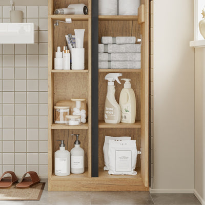 SoBuy BZR237-E-N Colonne de Salle de Bain Étroite avec Éclairage – Armoire Haute Effet Chêne Clair, 10 Étagères, pour Petit Espace – 50×30×180 cm, Charge 120 kg