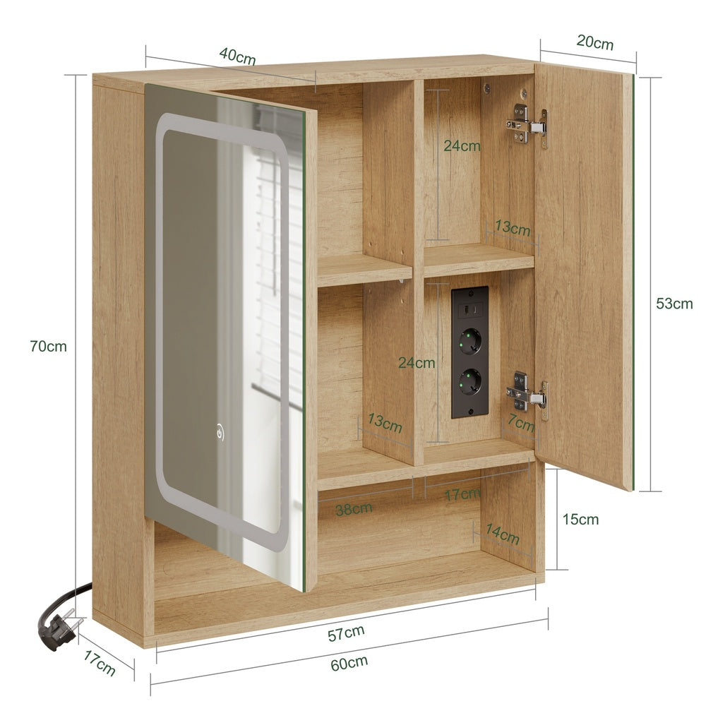 SoBuy BZR238-E-N Armoire Miroir Murale Salle de Bain avec Éclairage LED et Prises Intégrées – 2 Portes Miroir, Rangement Ouvert et 3 Étagères, Chêne Clair Scandinave – 60×17×70 cm, Charge 30 kg