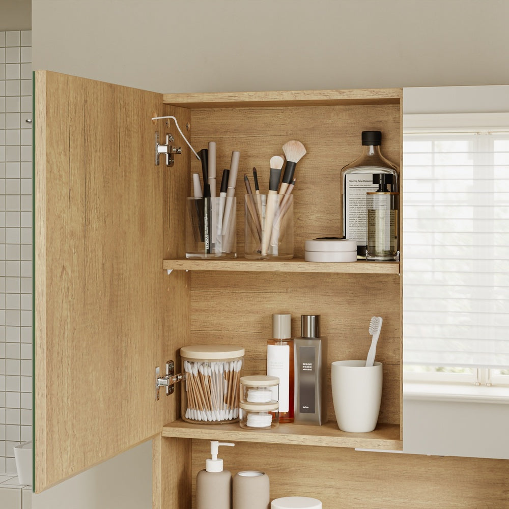 SoBuy BZR238-E-N Armoire Miroir Murale Salle de Bain avec Éclairage LED et Prises Intégrées – 2 Portes Miroir, Rangement Ouvert et 3 Étagères, Chêne Clair Scandinave – 60×17×70 cm, Charge 30 kg