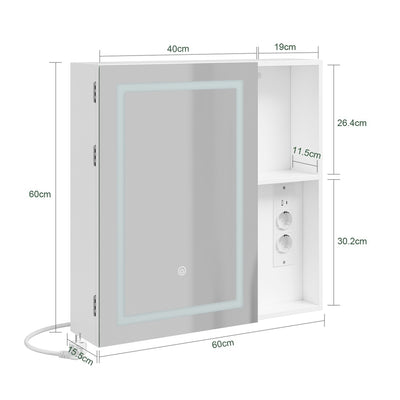 SoBuy BZR239-E-W Armoire Miroir de Salle de Bain avec LED et Prises – Meuble Mural, Étagères – 60×15,5×60 cm, Blanc