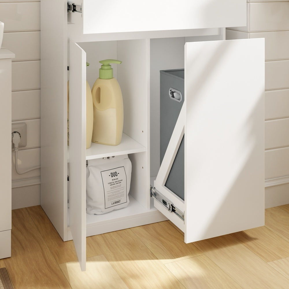SoBuy BZR241-E-W Colonne de Salle de Bain Blanche avec Éclairage Intégré – 3 Portes, Panier à Linge Dissimulé, Style Scandinave – 60×30×180 cm, Charge 85 kg