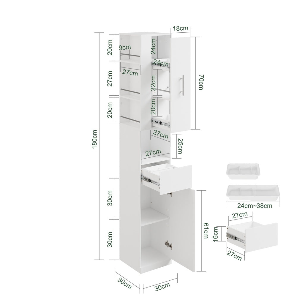 SoBuy BZR242-W Armoire Haute de Salle de Bain Blanche avec 2 Tiroirs – Meuble Haut Gain de Place 30 cm, 5 Étagères – 30×30×180 cm, Charge 37 kg