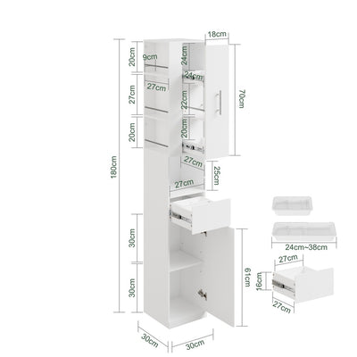 SoBuy BZR242-W Armoire Haute de Salle de Bain Blanche avec 2 Tiroirs – Meuble Haut Gain de Place 30 cm, 5 Étagères – 30×30×180 cm, Charge 37 kg