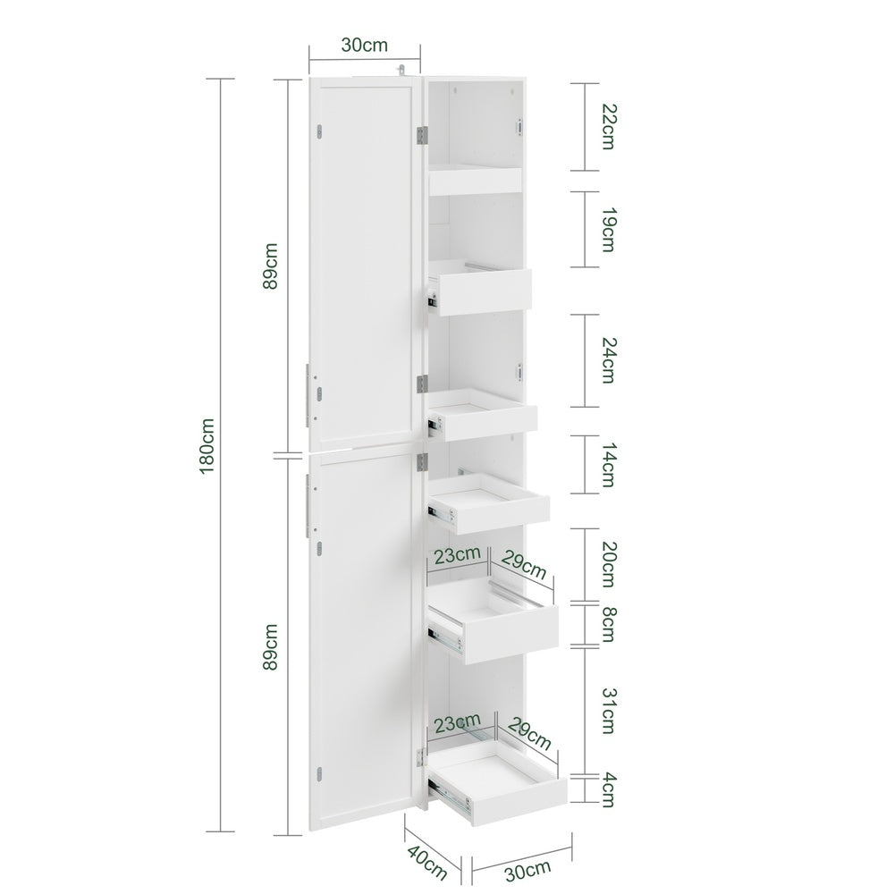 SoBuy BZR243-W Meuble Colonne de Salle de Bain Étroit 30 cm – Armoire Haute Blanche 2 Portes et 6 Tiroirs, MDF Finition Mélaminée, Fixation Murale Incluse – 30×40×180 cm, Charge 30 kg