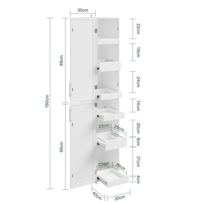 SoBuy BZR243-W Meuble Colonne de Salle de Bain Étroit 30 cm – Armoire Haute Blanche 2 Portes et 6 Tiroirs, MDF Finition Mélaminée, Fixation Murale Incluse – 30×40×180 cm, Charge 30 kg