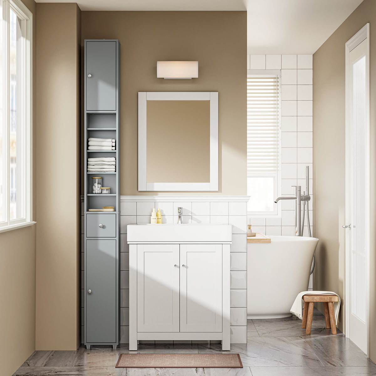 SoBuy BZR34-II-HG Colonne Salle de Bain Ultra-Étroite 20×20×180 cm – Tiroir Central, Étagères Réglables, Gris