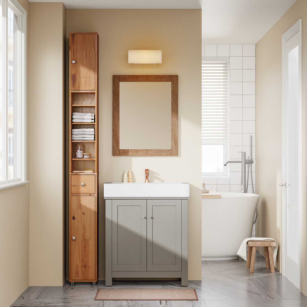 SoBuy BZR34-II-SH Colonne de Salle de Bain 20 × 20 × 180 cm, Étagères Réglables, 2 Portes et Tiroir – Pin Massif Naturel