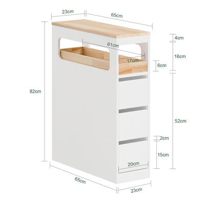 SoBuy BZR54-II-W Meuble Salle de Bain à Roulettes – 3 Tiroirs et Niche – Slim 23 cm – Blanc et Hévéa