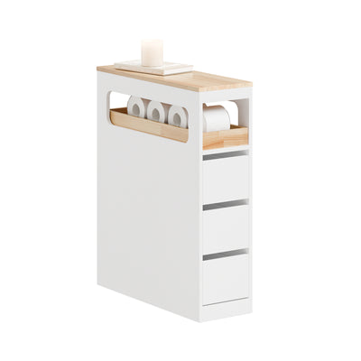 SoBuy BZR54-II-W Meuble Salle de Bain à Roulettes – 3 Tiroirs et Niche – Slim 23 cm – Blanc et Hévéa