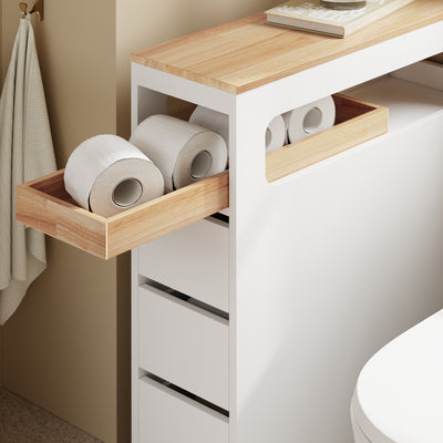 SoBuy BZR54-II-W Meuble Salle de Bain à Roulettes – 3 Tiroirs et Niche – Slim 23 cm – Blanc et Hévéa
