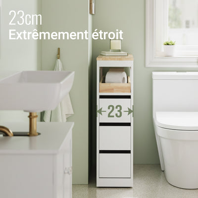 SoBuy BZR54-II-W Meuble Salle de Bain à Roulettes – 3 Tiroirs et Niche – Slim 23 cm – Blanc et Hévéa
