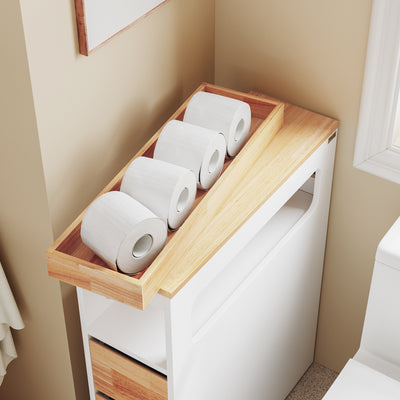 SoBuy BZR54-III-WN Meuble Salle de Bain Slim 23 cm à Roulettes – 3 Tiroirs – Blanc et Bois Naturel
