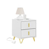 SoBuy FBT115-E-W Table de Chevet avec Prise Intégrée 4-en-1 – 2 Prises, USB, Type-C, 2 Tiroirs, Poignées Dorées, Blanc