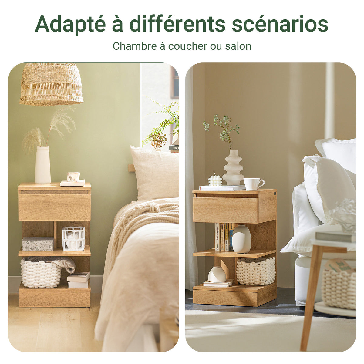 SoBuy FBT49-N Table de Chevet - Table de Nuit avec 1 tiroir et 2 étagères, Table d'appoint pour Chambre à Coucher - Meuble de Rangement Moderne L39 x P39 x H65 cm Naturel