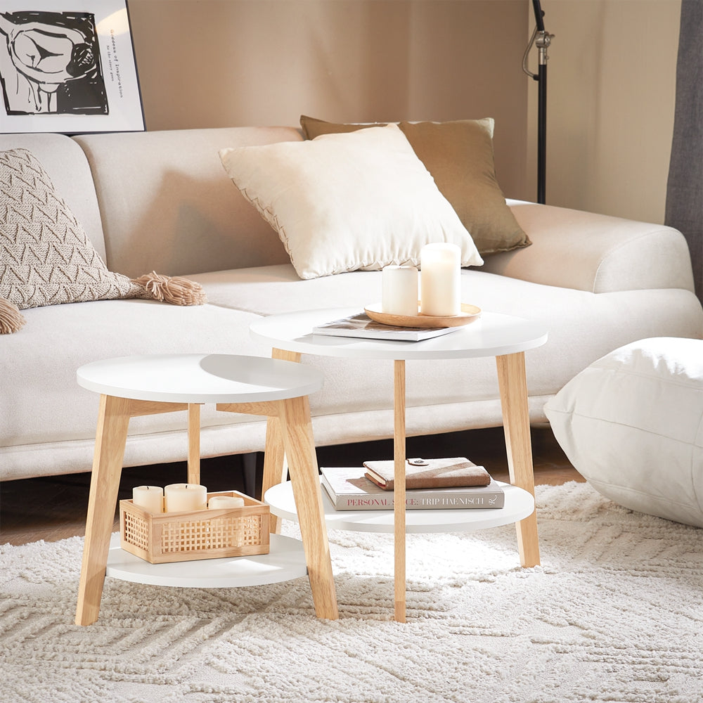 SoBuy FBT75-W Set de 2-Blanc et Bois Ronde Table d'Appoint Table Basse Ronde Guéridon