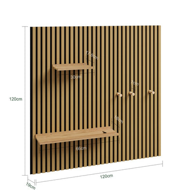 SoBuy FHK40-N Étagère Murale en Bois Naturel avec 2 Tablettes et 3 Crochets – Panneau Mural Modulaire pour Entrée, Salon et Chambre, Rangement Sportif – 120×19×120 cm, Charge 27 kg