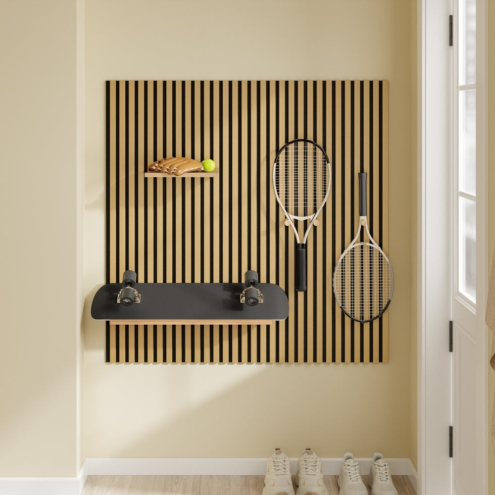SoBuy FHK40-N Étagère Murale en Bois Naturel avec 2 Tablettes et 3 Crochets – Panneau Mural Modulaire pour Entrée, Salon et Chambre, Rangement Sportif – 120×19×120 cm, Charge 27 kg
