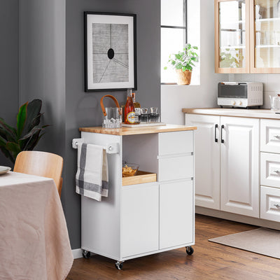 SoBuy FKW123-WN Petit Ìlot de Cuisine à Roulettes – Plan en Bois d'Hévéa, Plateau Extractible, 2 Tiroirs, 72×40×84 cm, Blanc