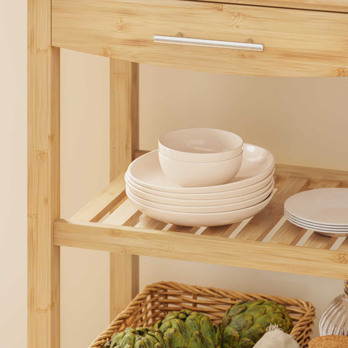 SoBuy FKW135-N Desserte de cuisine en bambou carbonisé 58 cm avec tiroir et roulettes – Chariot de cuisine naturel