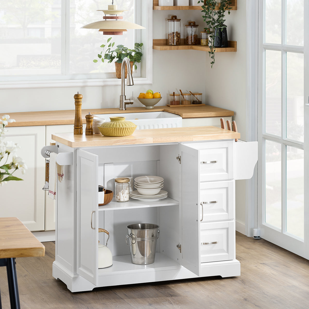 SoBuy FKW41-II-WN Îlot de Cuisine Mobile – Plan Extensible 46–71 cm, 3 Tiroirs, Armoire, Blanc et Bois Naturel