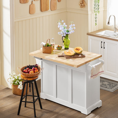 SoBuy FKW41-II-WN Îlot de Cuisine Mobile – Plan Extensible 46–71 cm, 3 Tiroirs, Armoire, Blanc et Bois Naturel