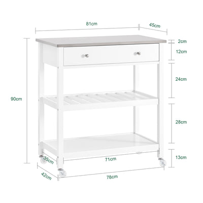SoBuy FKW47-II-W Desserte de Cuisine à Roulettes – Plateau INOX, 1 Tiroir, 2 Étagères, Blanc
