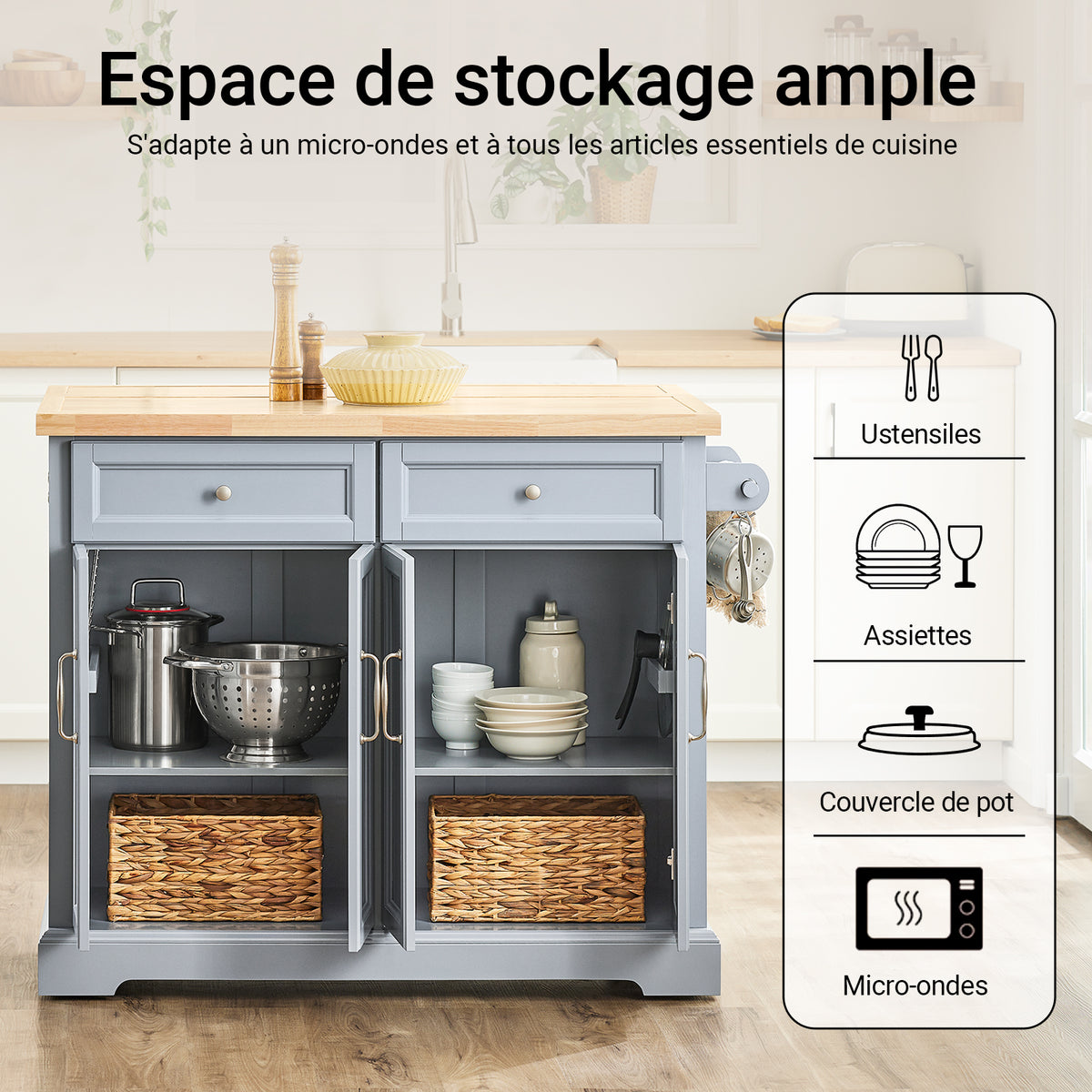 SoBuy FKW71-II-HG Ìlot Cuisine Mobile avec Plan Extensible – Gain de Place, Gris