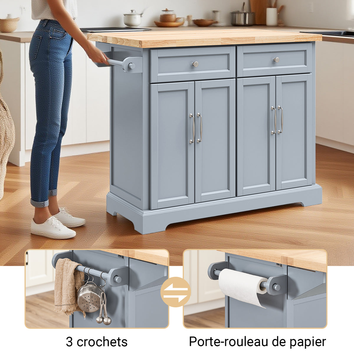 SoBuy FKW71-II-HG Ìlot Cuisine Mobile avec Plan Extensible – Gain de Place, Gris