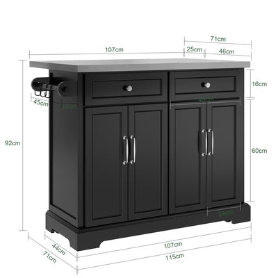SoBuy FKW71-III-SCH Îlot de Cuisine Mobile avec Plan Inox Extensible 46–71 cm – 2 Tiroirs, Étagères Réglables, Noir